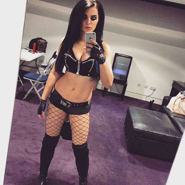 fishnet tight wearing WWE paige with short shorts selfie