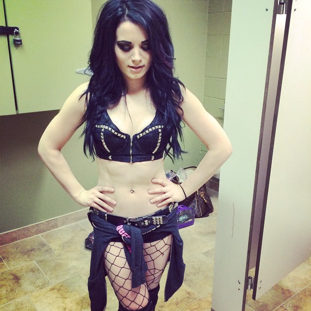 bathroom mirror pic of paige wwe in fishnet tights and bra